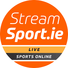 An orange circular logo with "StreamSport Ireland: Live Sports Online" written in white, orange, and black text promotes live streaming for sports enthusiasts.