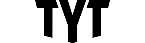 Black "TYT" logo with bold, angular letters symbolizes modern media communication.